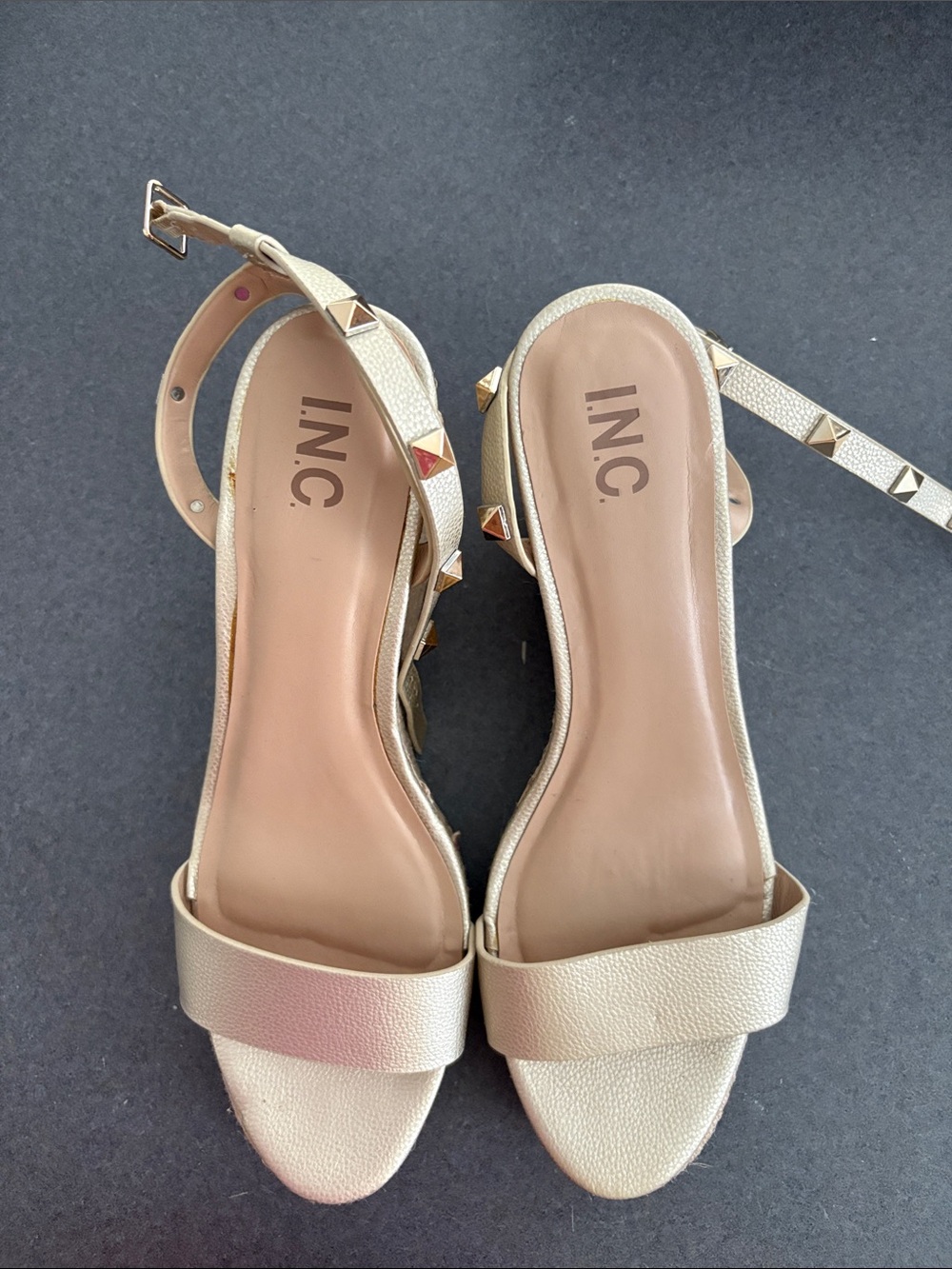 INC International Concepts Metallic Gold Pyramid-Stud Ankle Strap Sandals